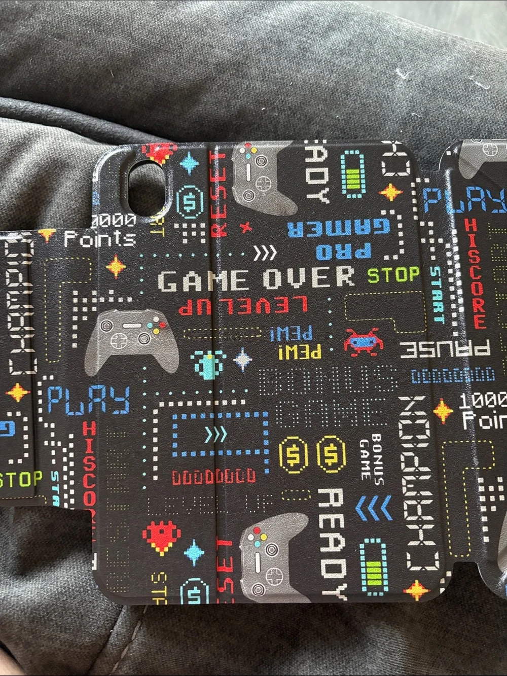 Retro Arcade Tablet Folio Case - Black Pixel Game Print